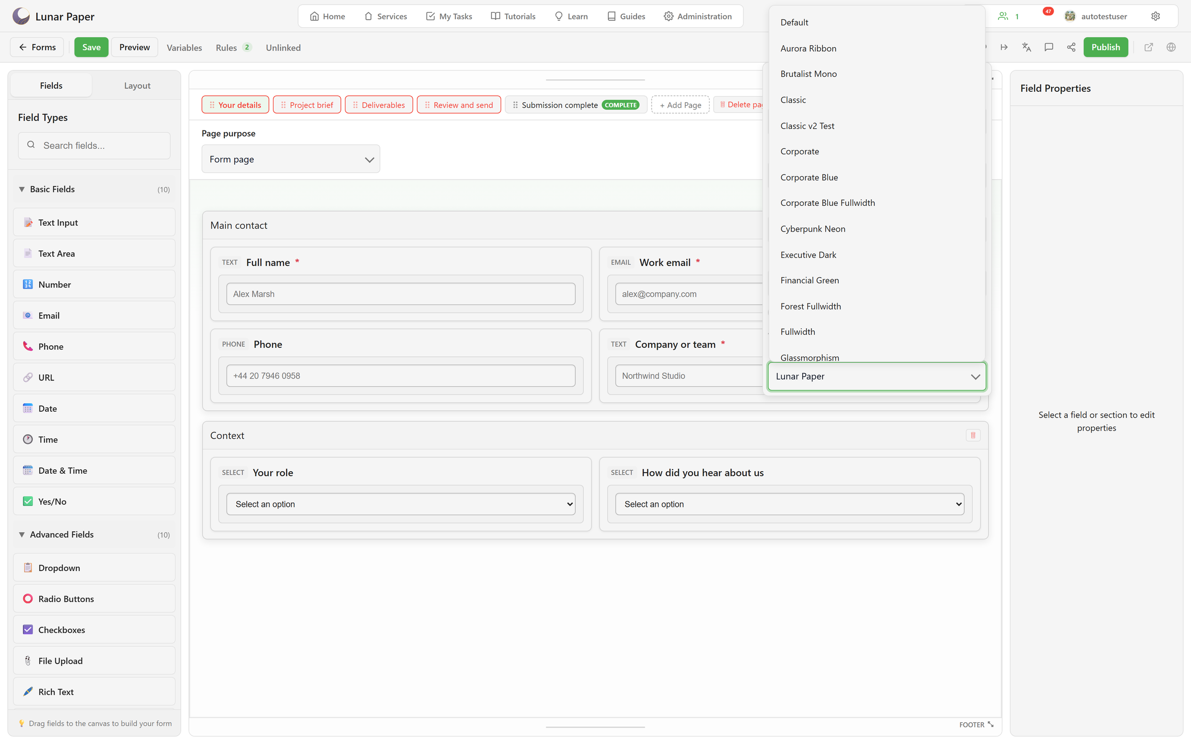The theme picker open on the Design popover