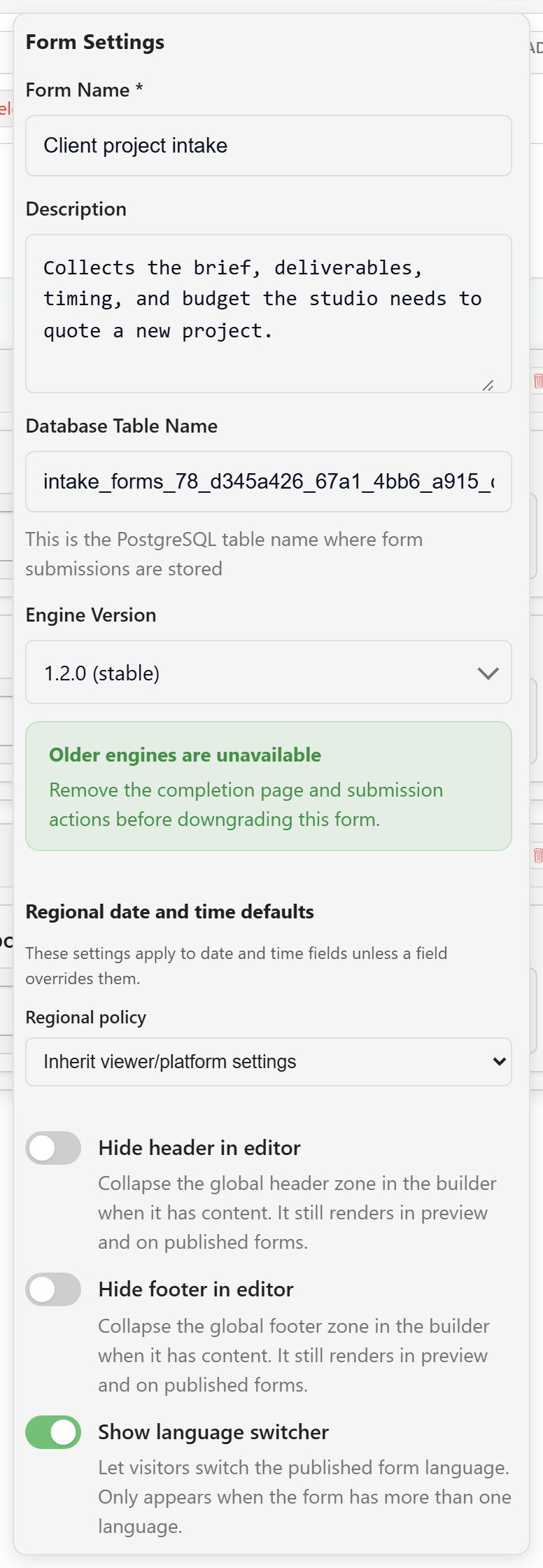 Form settings showing the database table name and engine version