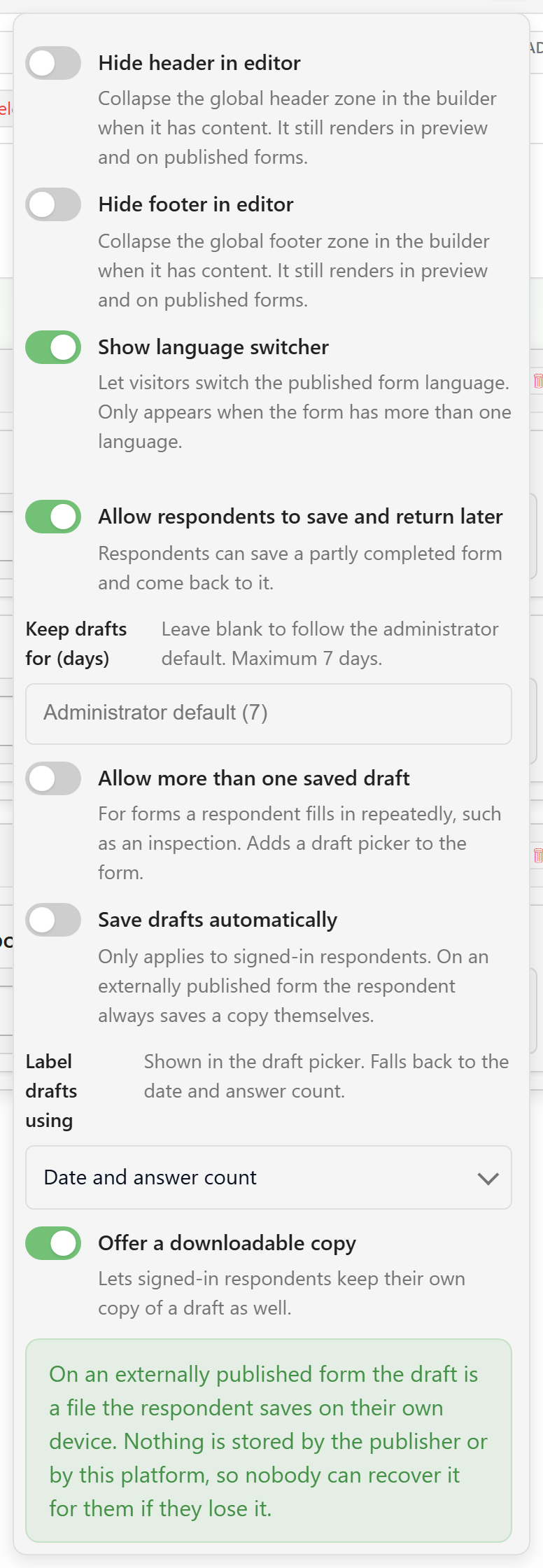 Draft options: retention days, multiple drafts, autosave, draft label, and downloadable copy