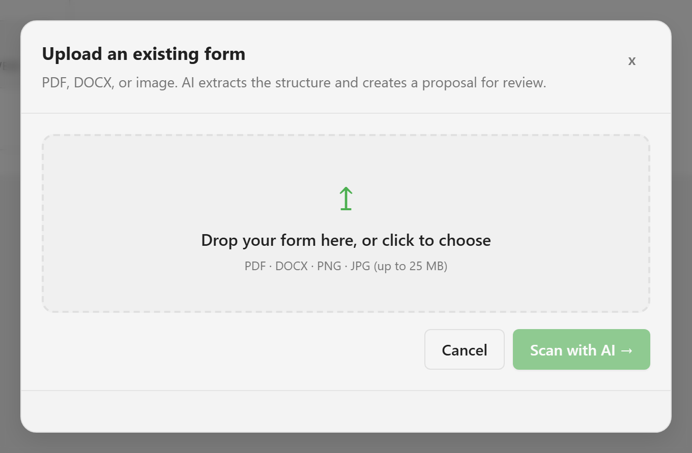 The AI upload panel accepting PDF, DOCX, PNG, or JPG up to 25 MB