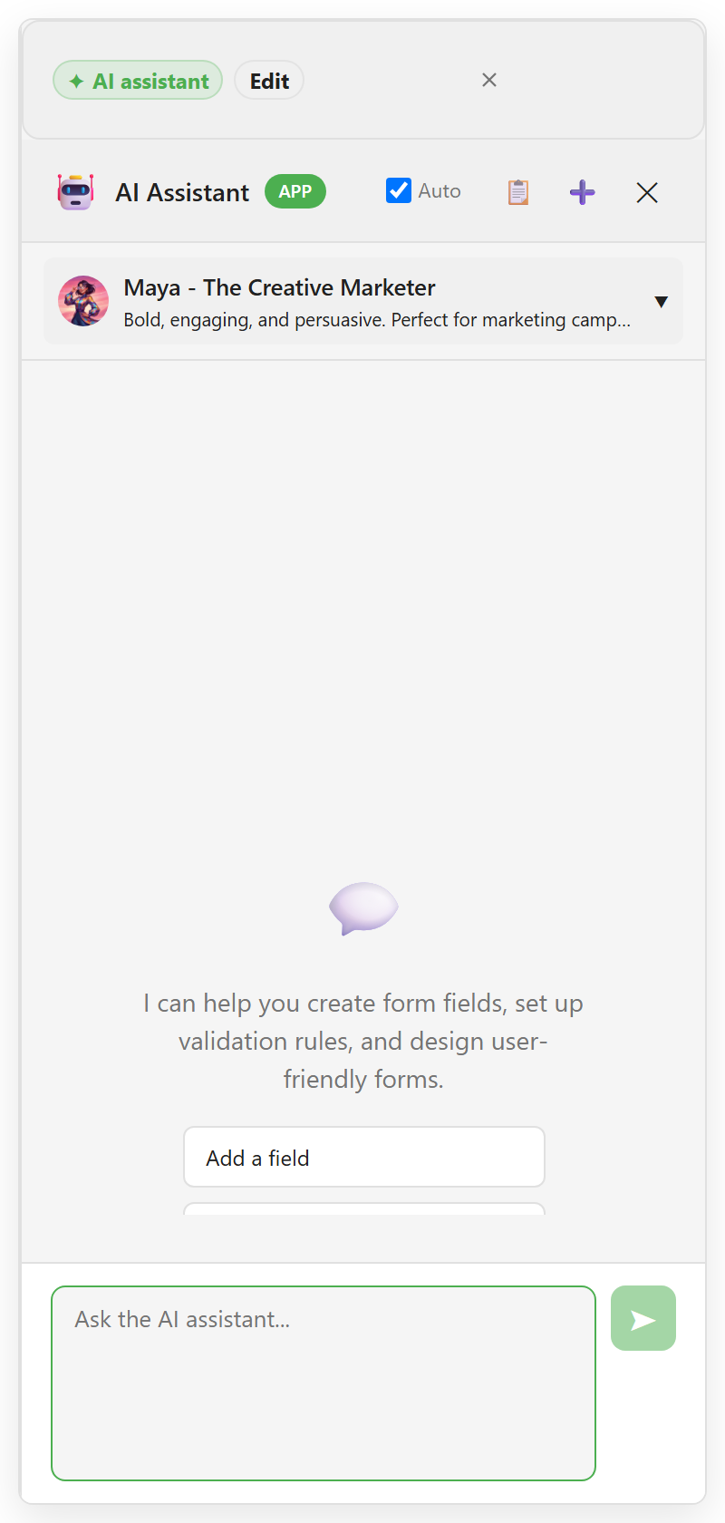 The AI assistant panel with quick actions for adding a field, suggesting validation, improving layout, and adding conditional logic