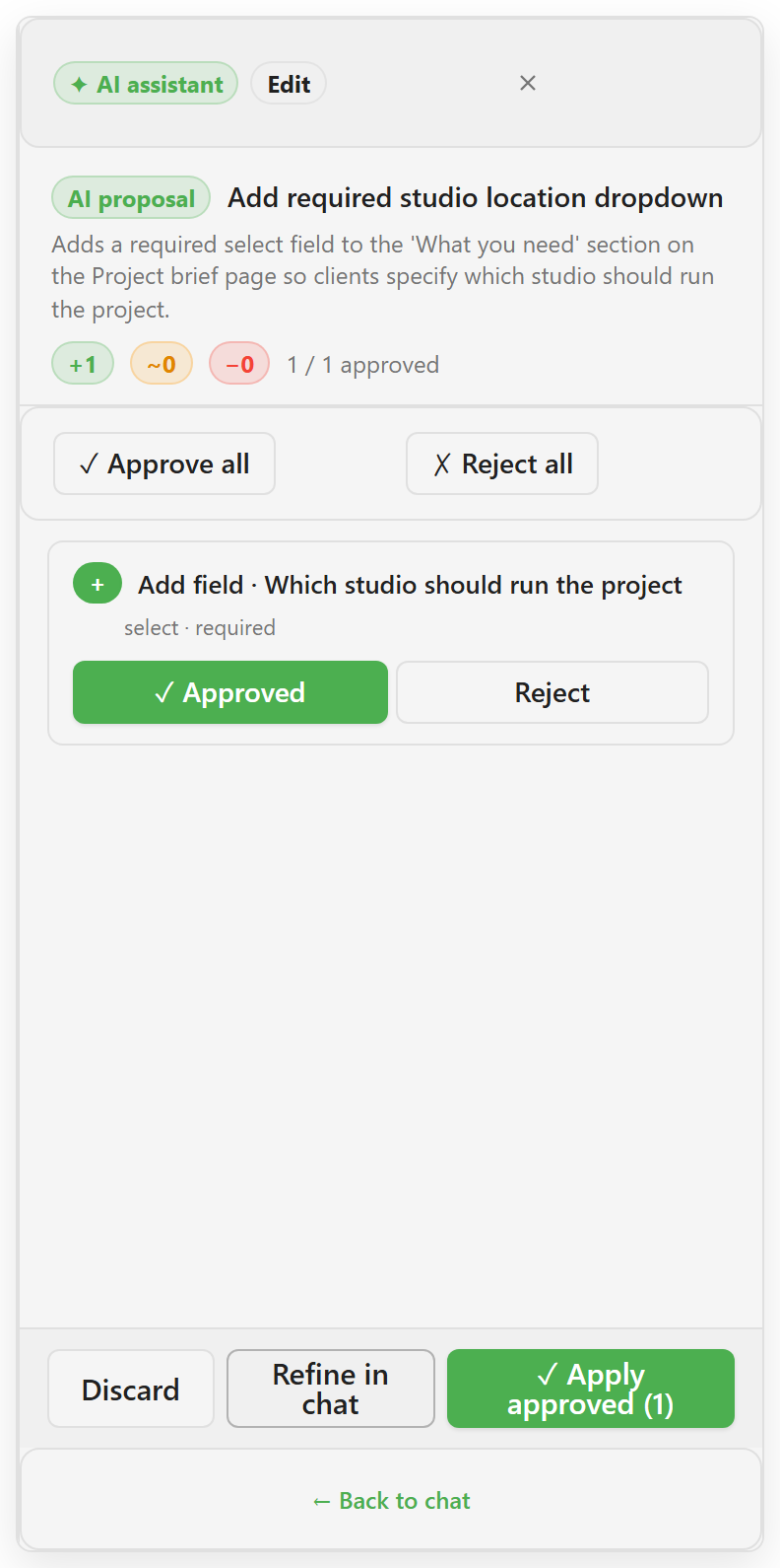 An AI proposal showing one added field, approve and reject controls, and Apply approved