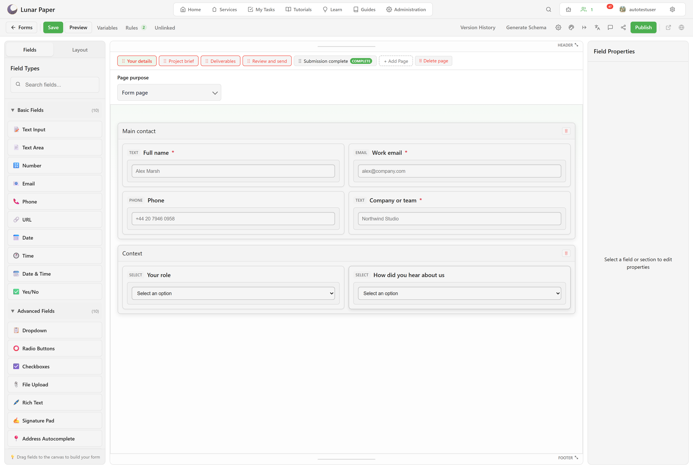 Client project intake open in the builder