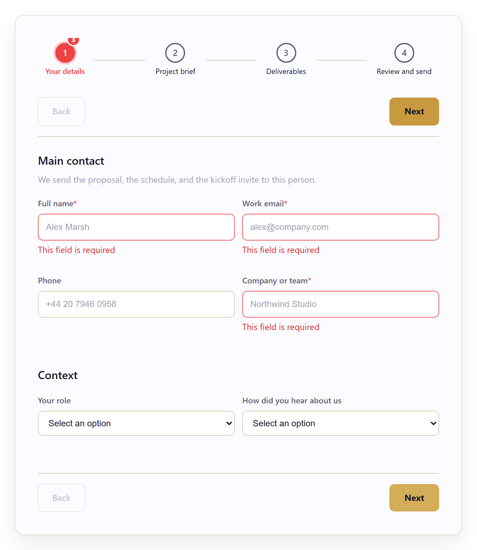 Gated navigation blocking Next, with required-field errors and per-page counts