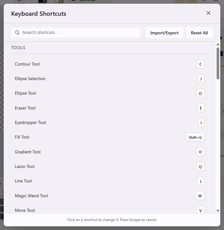 Keyboard Shortcuts panel