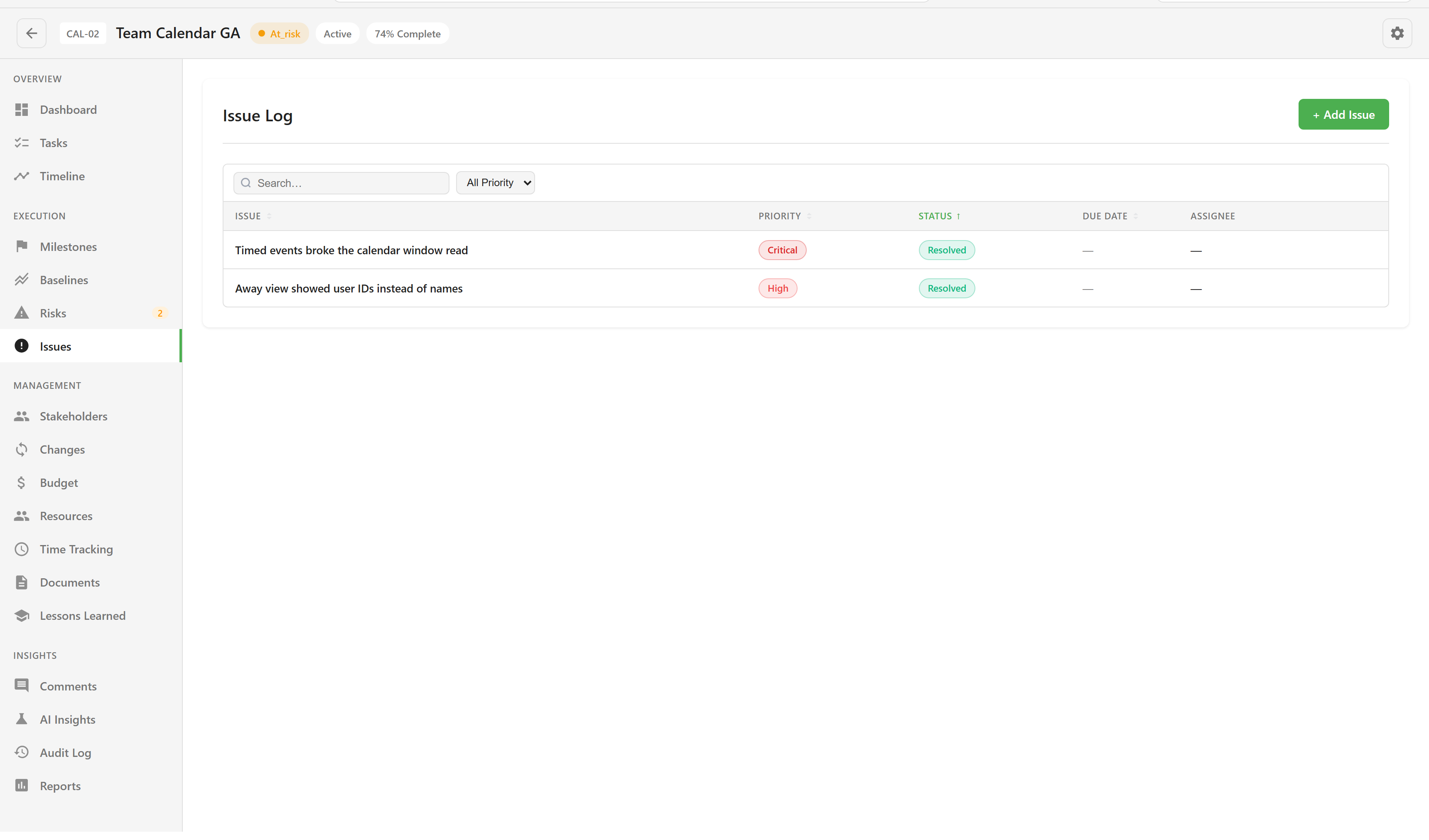 The issue log with priority, severity, and status