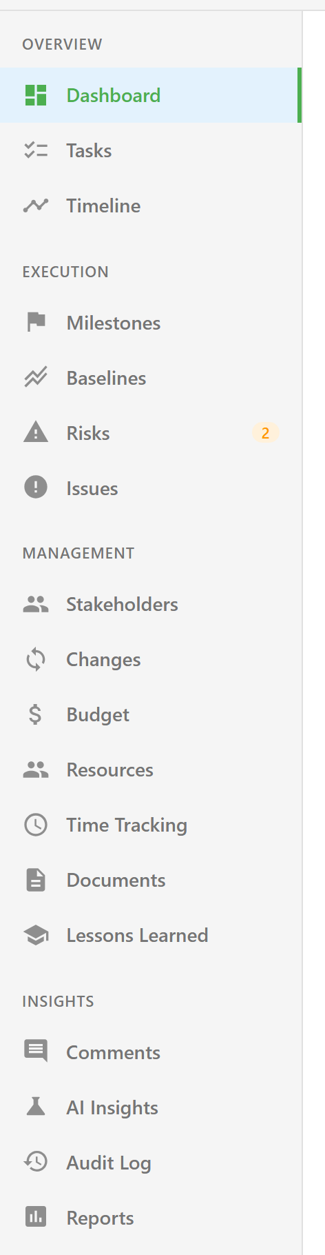 The project navigation, grouped into Overview, Execution, Management, and Insights
