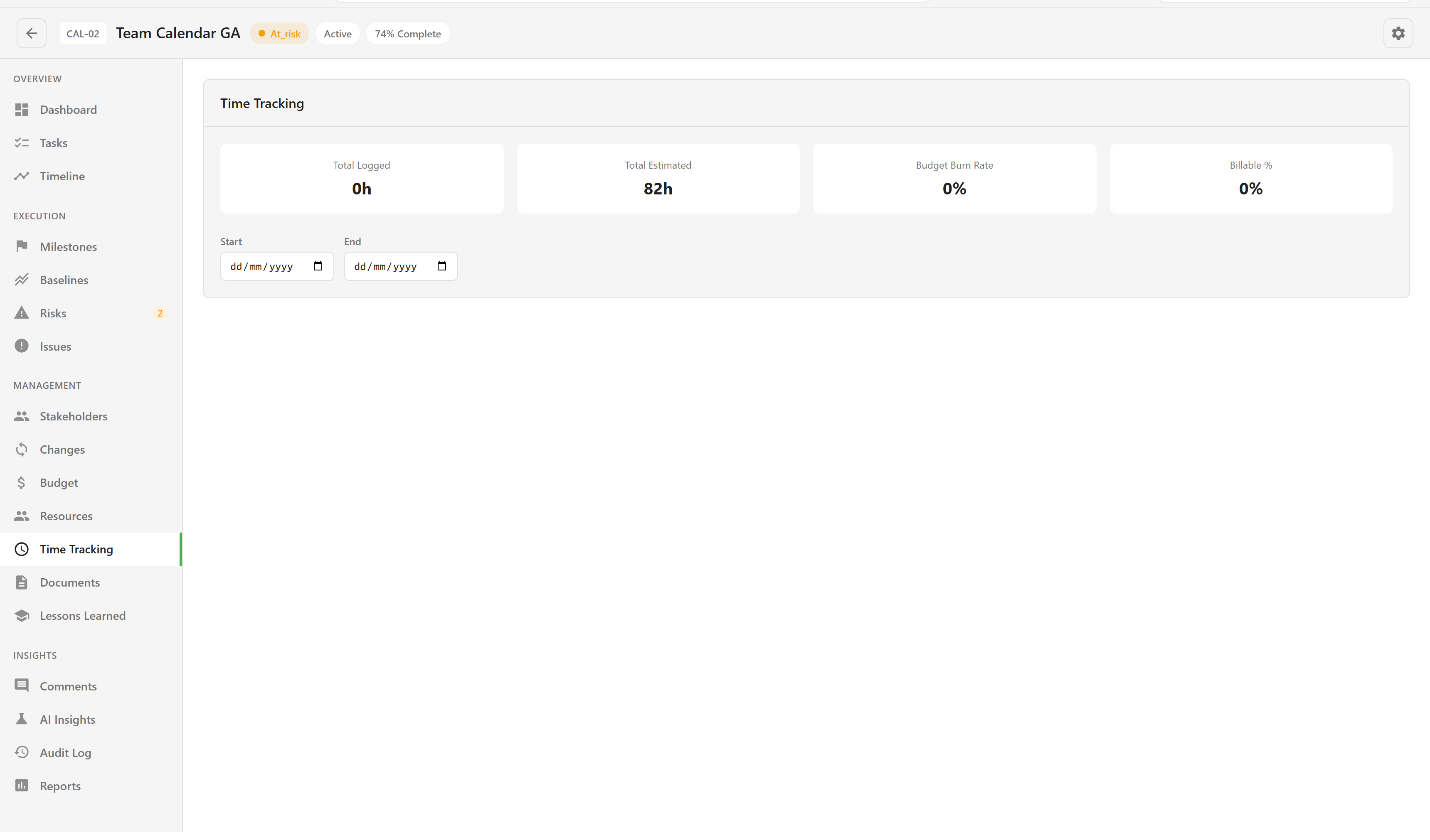 Time tracking showing total logged, total estimated, budget burn rate, and billable percent, with a start and end date filter
