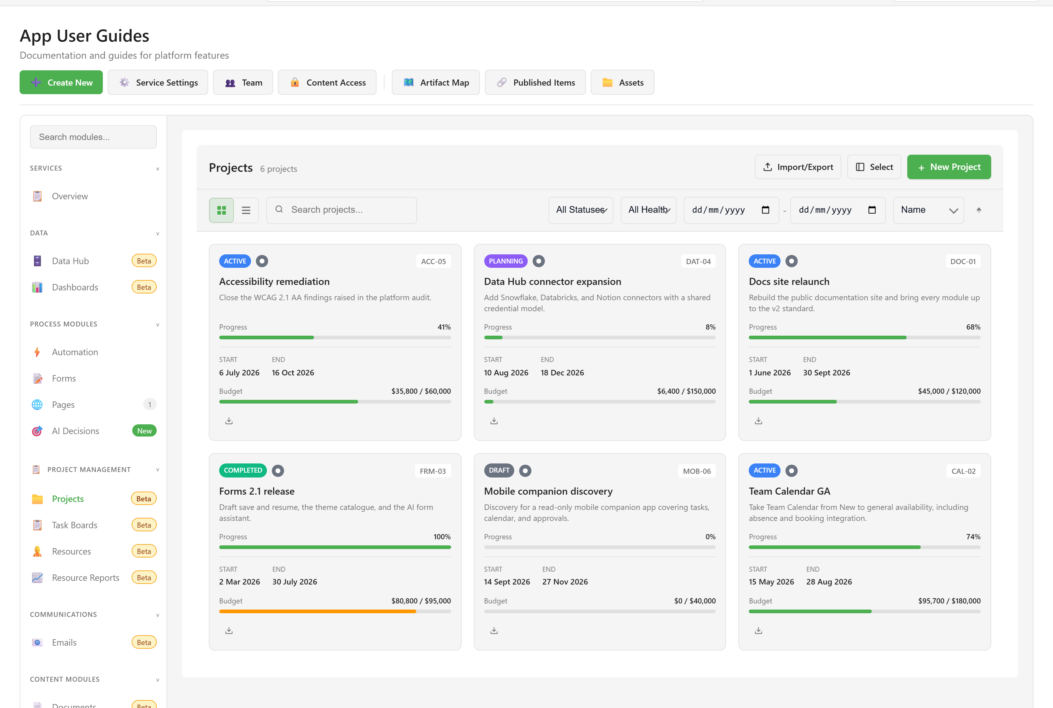 The Projects list showing six projects with codes, status, progress, dates, and budgets