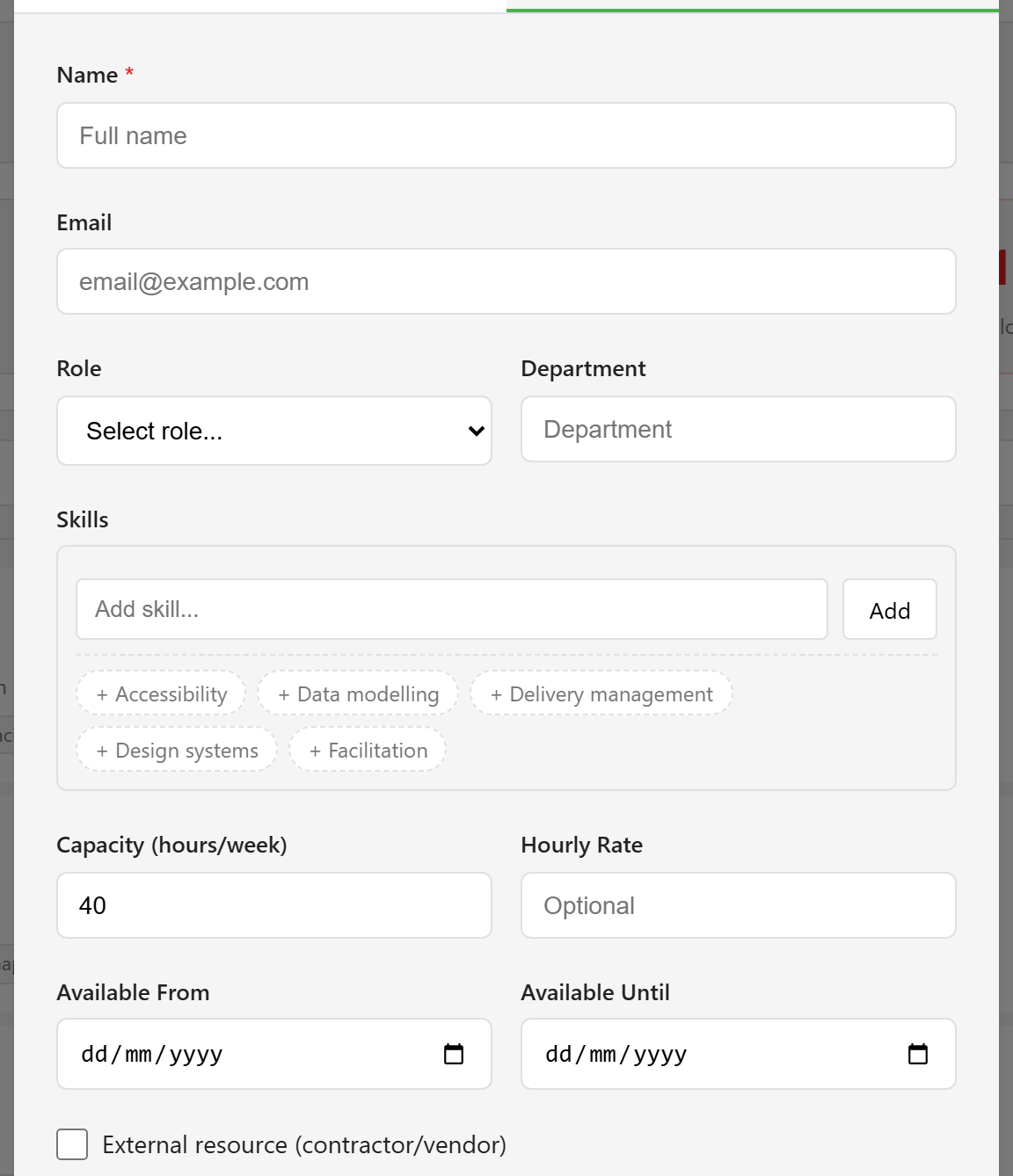 The manual entry form for a new resource