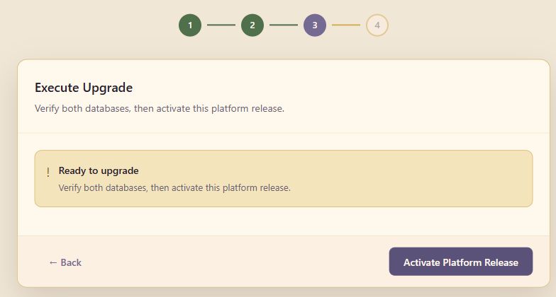 Execute Upgrade showing Ready to upgrade and the Activate Platform Release button.