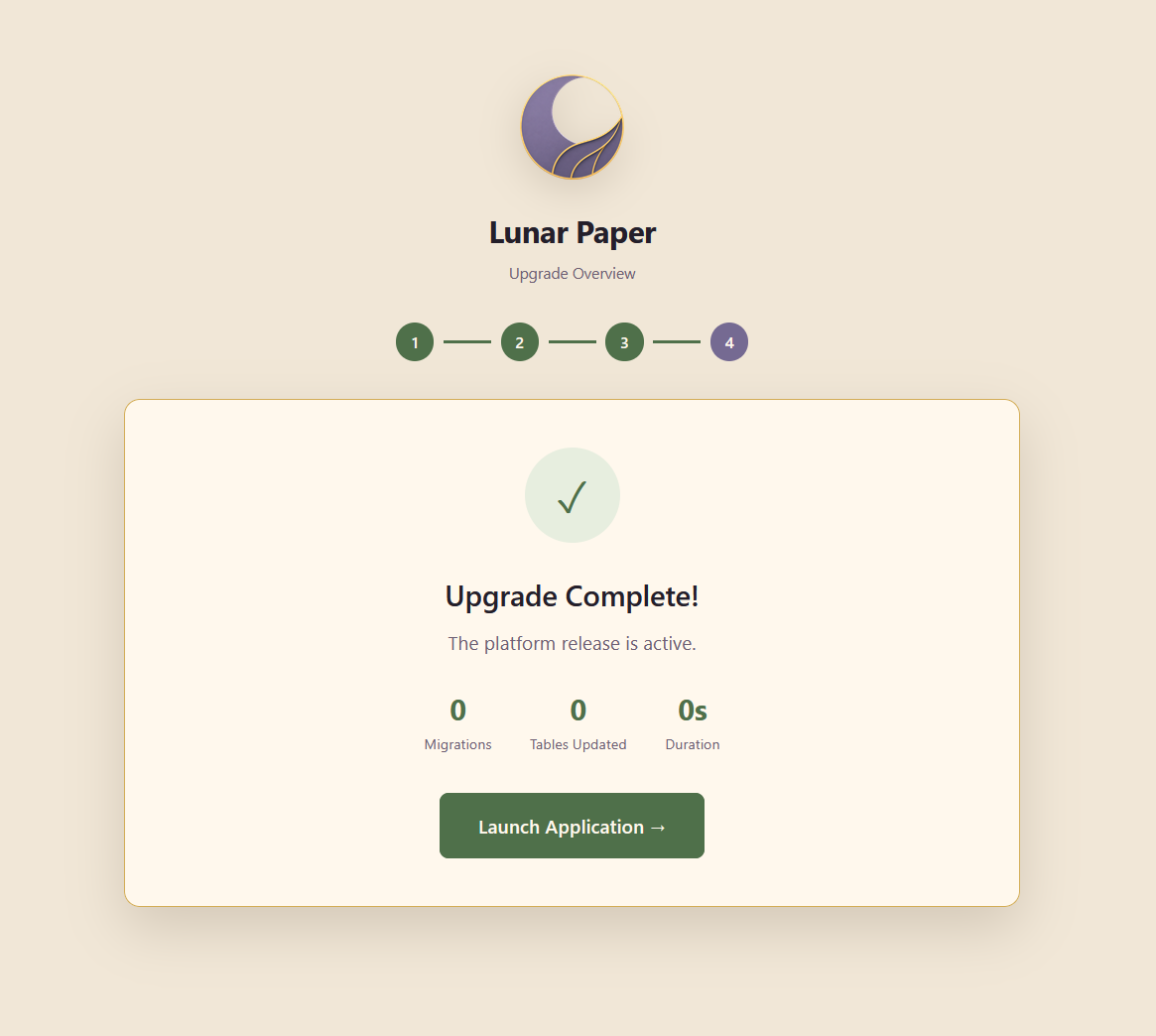 Upgrade Complete showing that the platform release is active and the Launch Application button.