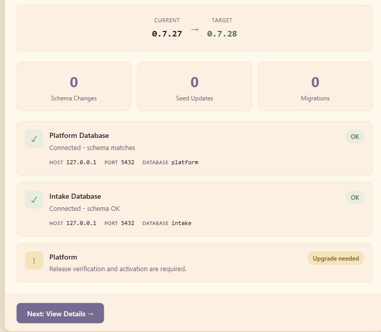 Upgrade overview showing current and target versions, zero pending changes, healthy Platform and Intake databases, and a Platform release that still needs activation.
