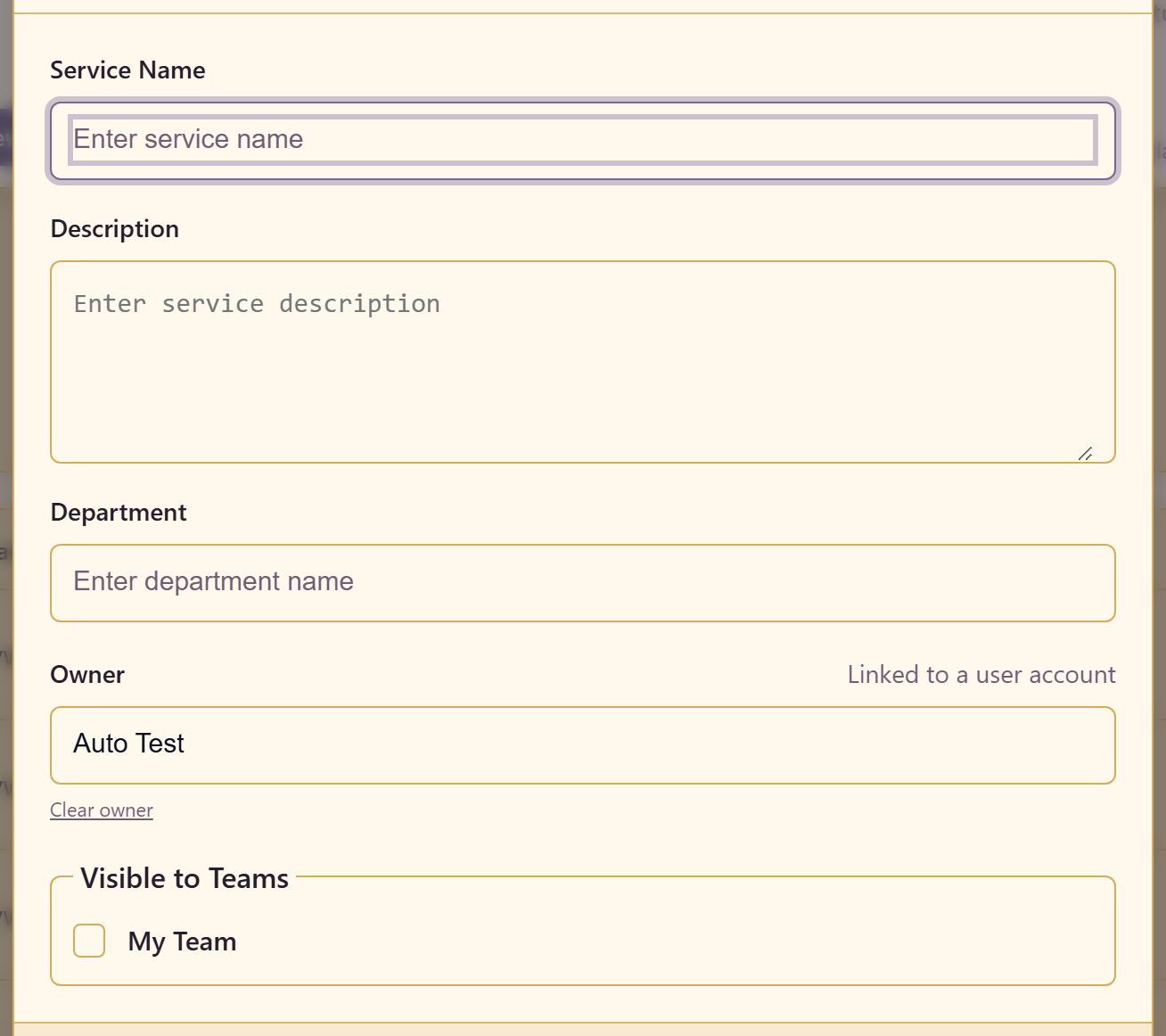 The Add Service dialog with name, description, department, owner, and team visibility