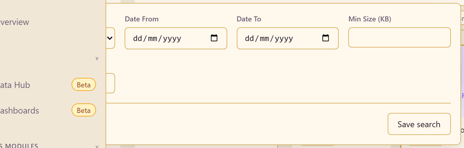 The asset filters panel with file type, date range, and size controls