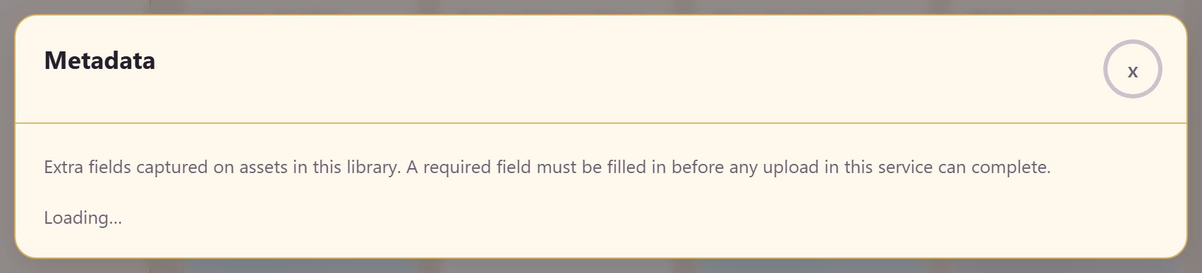 The metadata dialog showing its description and a Loading message that never resolves