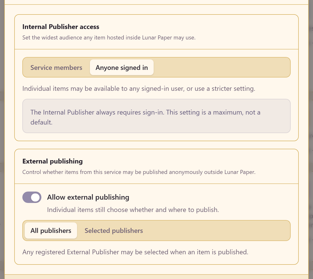 The Content Access dialog showing internal publisher access and external publishing controls