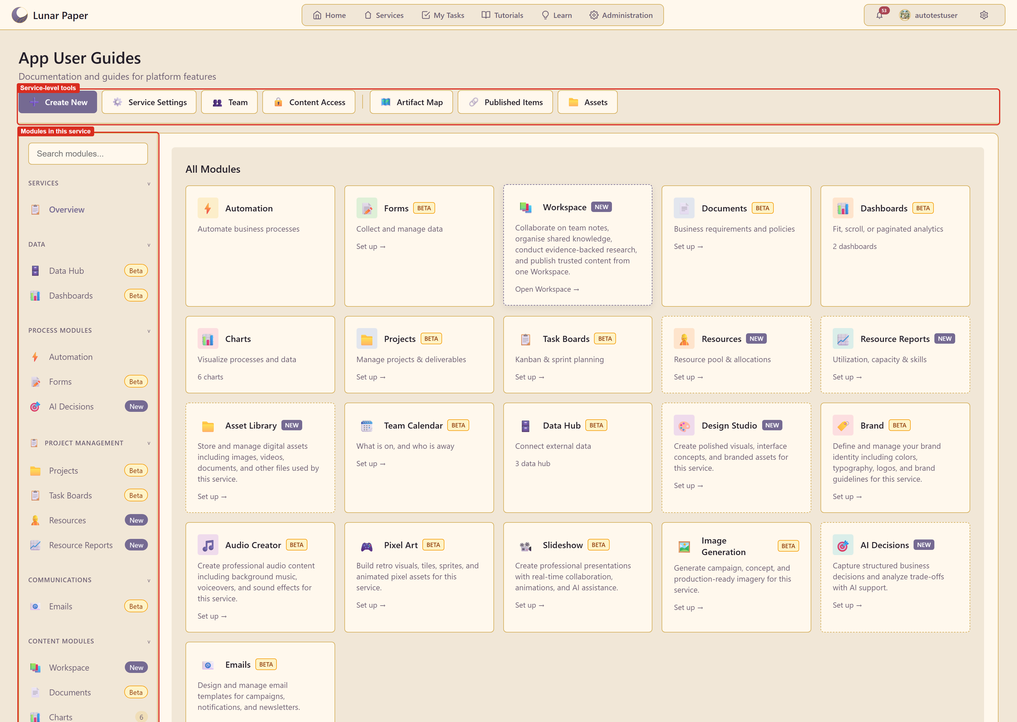 The service home showing the service-level tools and the module list