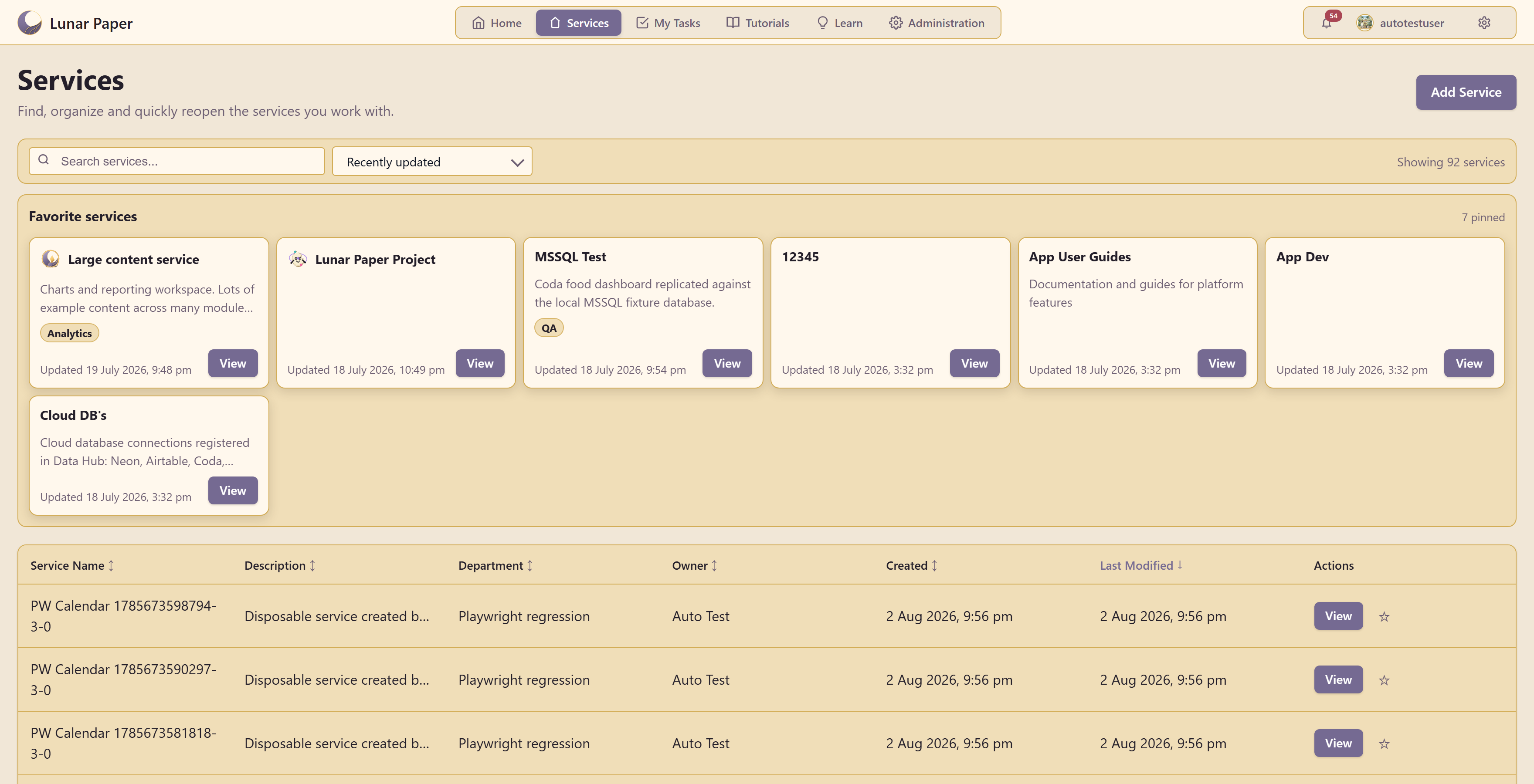 The services catalogue with search, sort, favourites, and the Add Service button