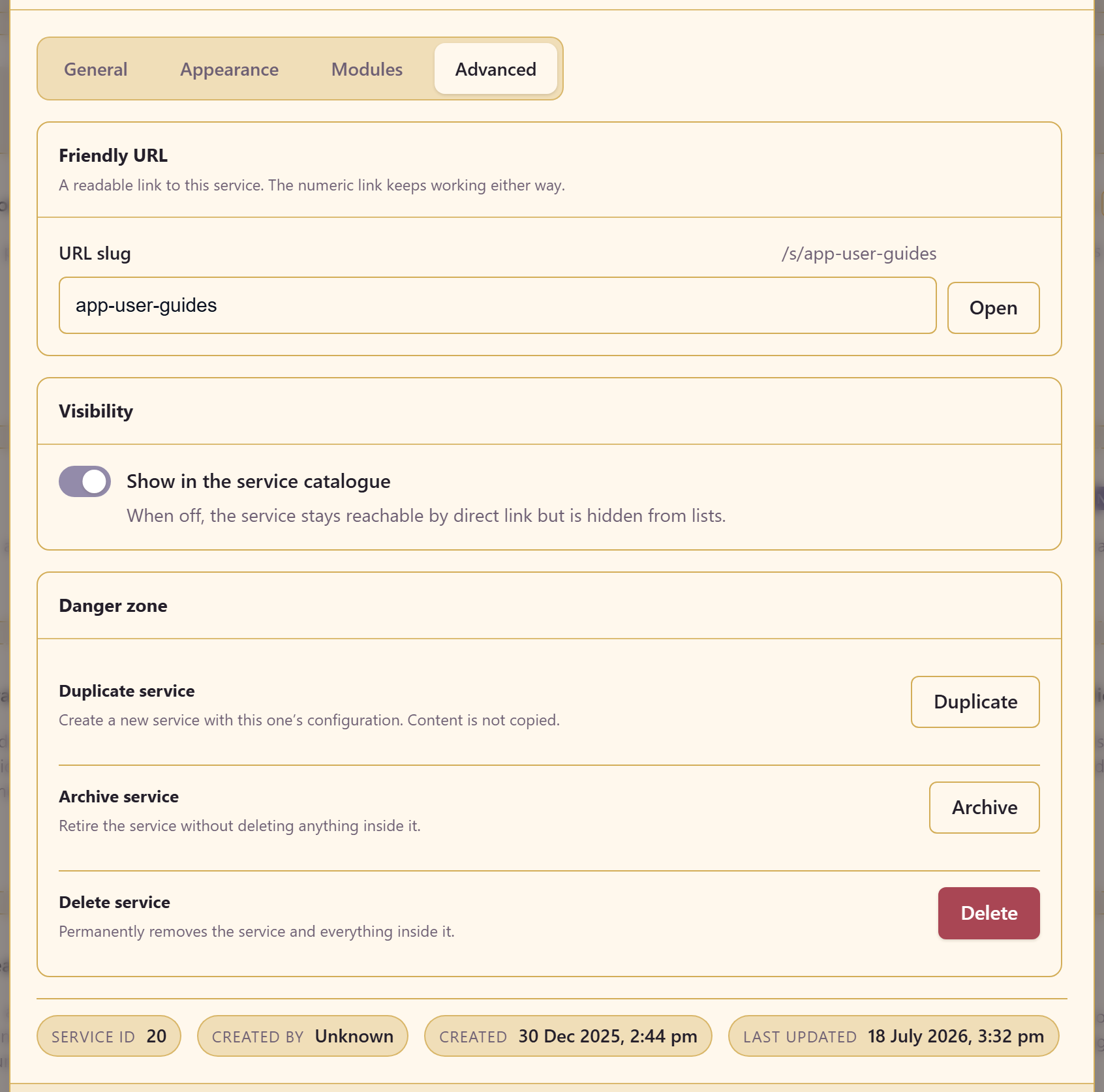 The Advanced tab showing friendly URL, visibility, and the danger zone