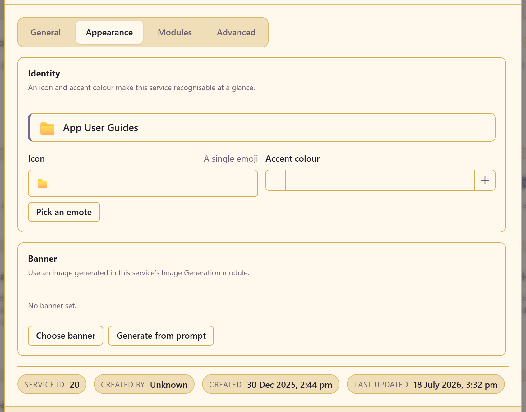 The Appearance tab showing icon, accent colour, and banner options