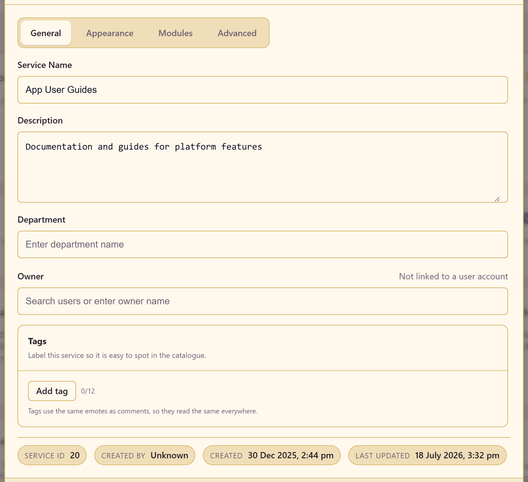 The General tab of service settings, with name, description, department, owner, and tags