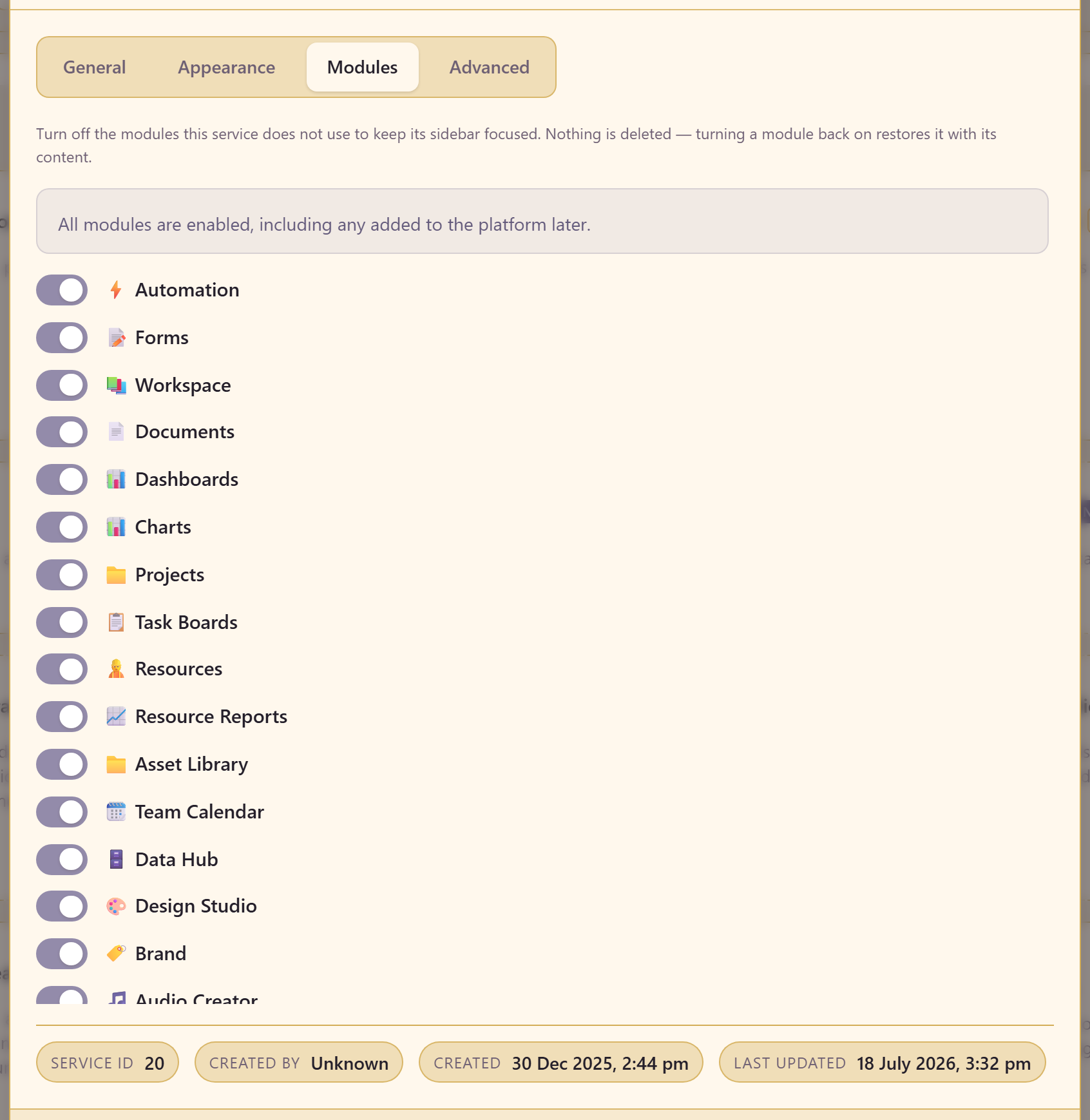 The Modules tab showing every module with a toggle
