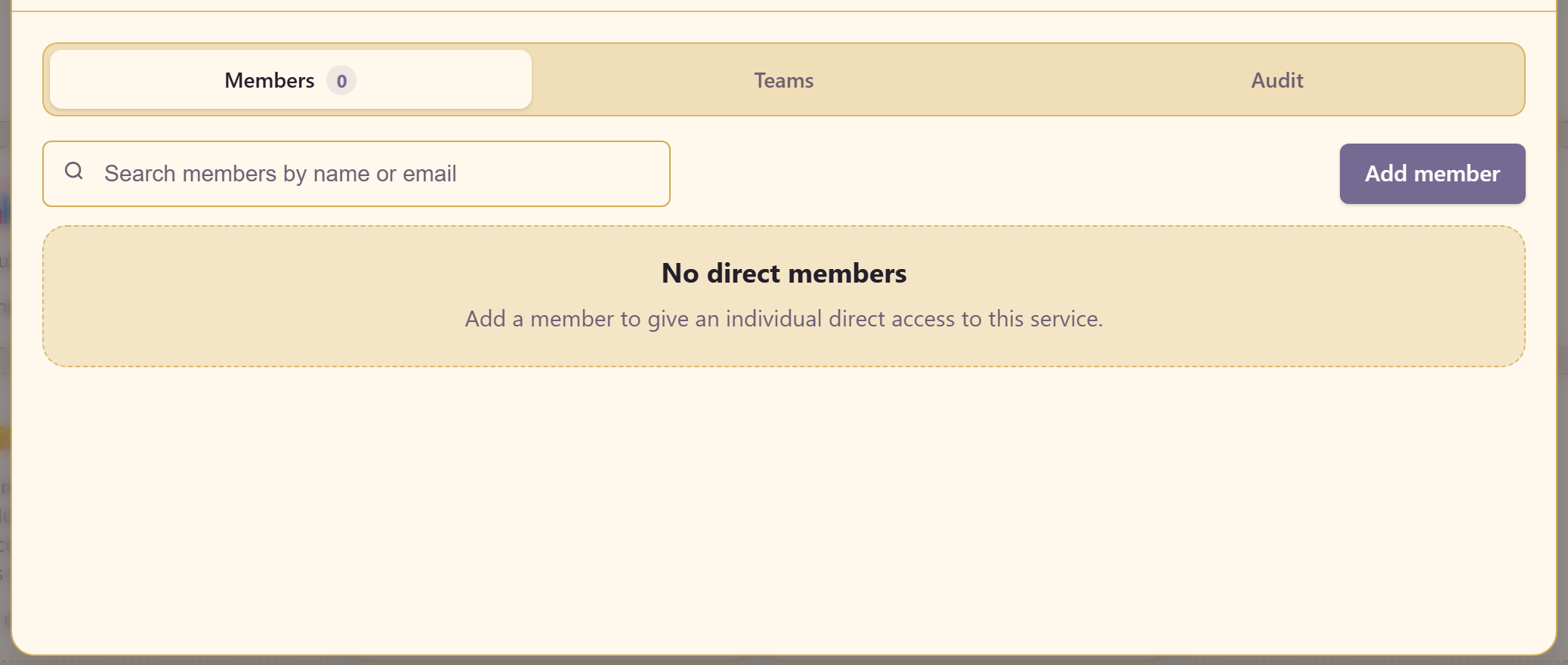 The Team dialog showing members, teams, and audit tabs