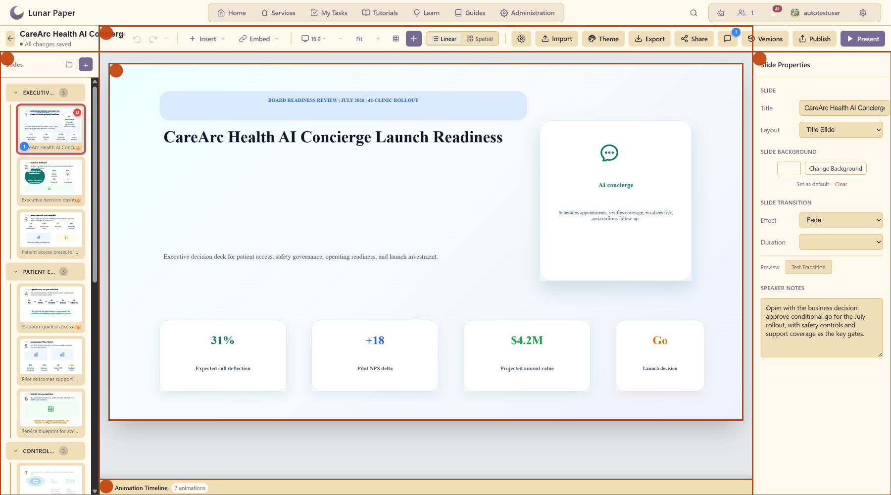 Annotated CareArc Slideshow editor showing the toolbar, slide navigator, title canvas, properties panel, and animation timeline