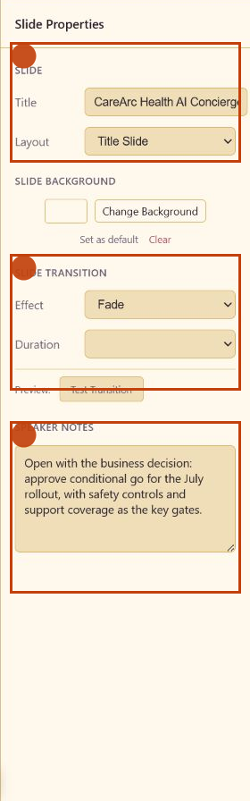 CareArc slide properties panel with notes and transition controls highlighted