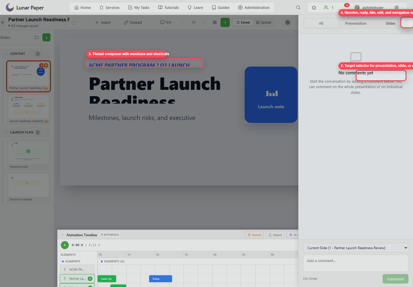 Comments panel with filters, target selector, composer, and actions highlighted