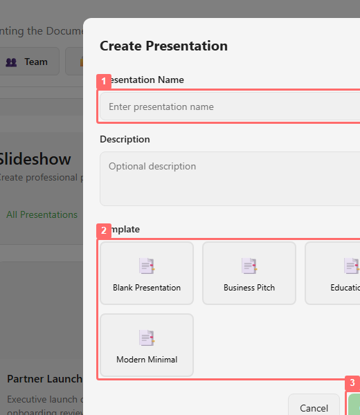 Create Presentation dialog with name, description, template choices, and Create highlighted