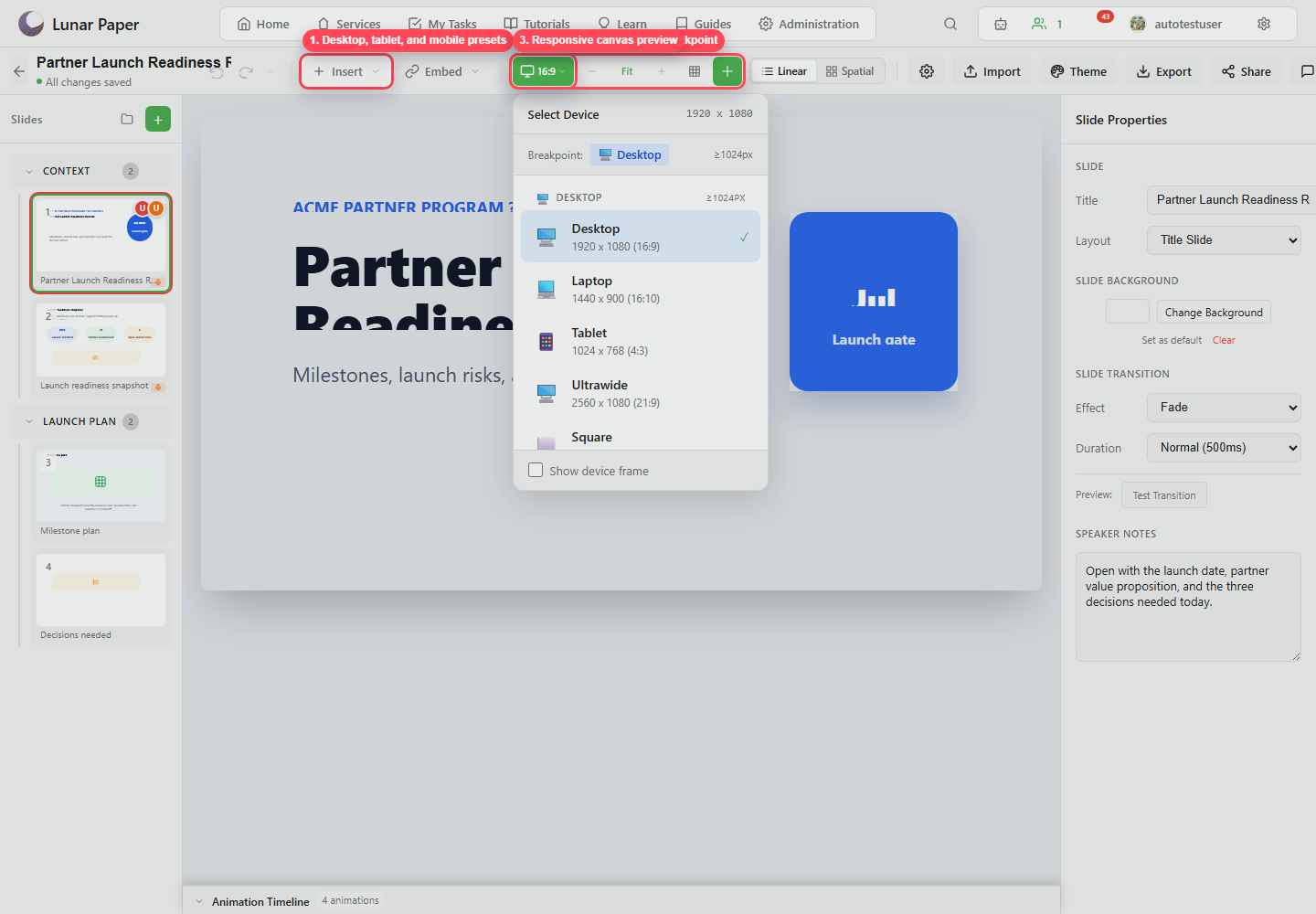 Device preview menu with responsive presets highlighted