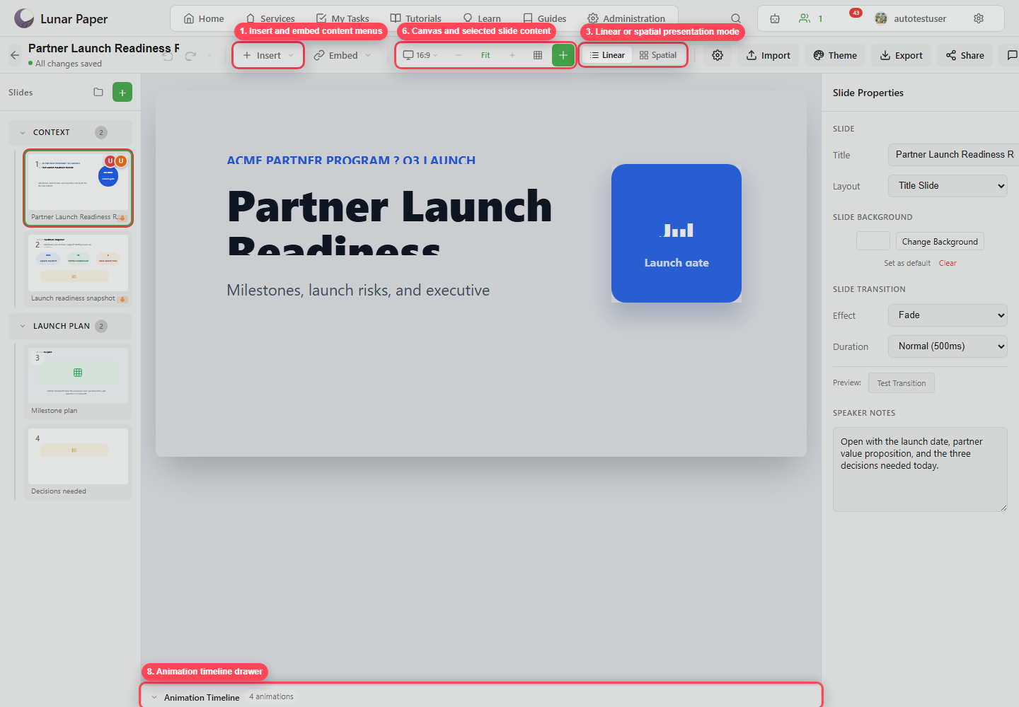 Annotated Slideshow editor showing the toolbar, spatial switch, slide navigator, canvas, properties panel, and timeline