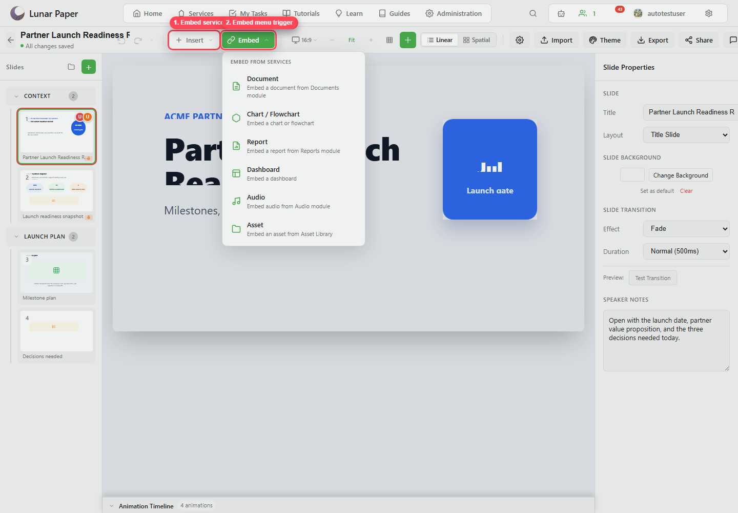 Embed menu with connected content choices highlighted