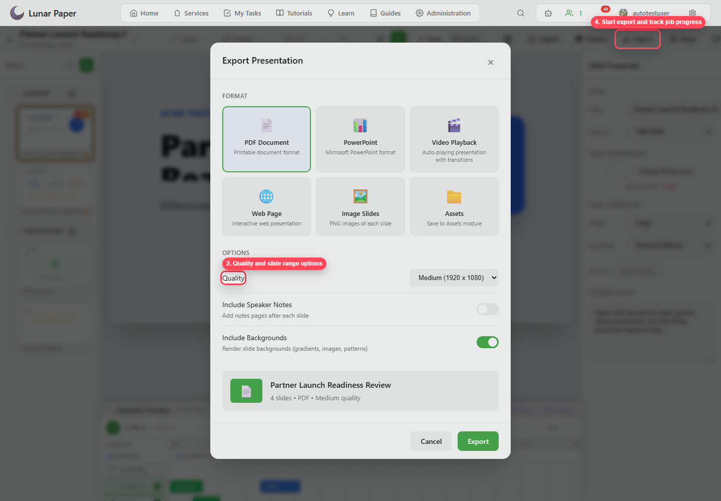 Export dialog with formats and common options highlighted