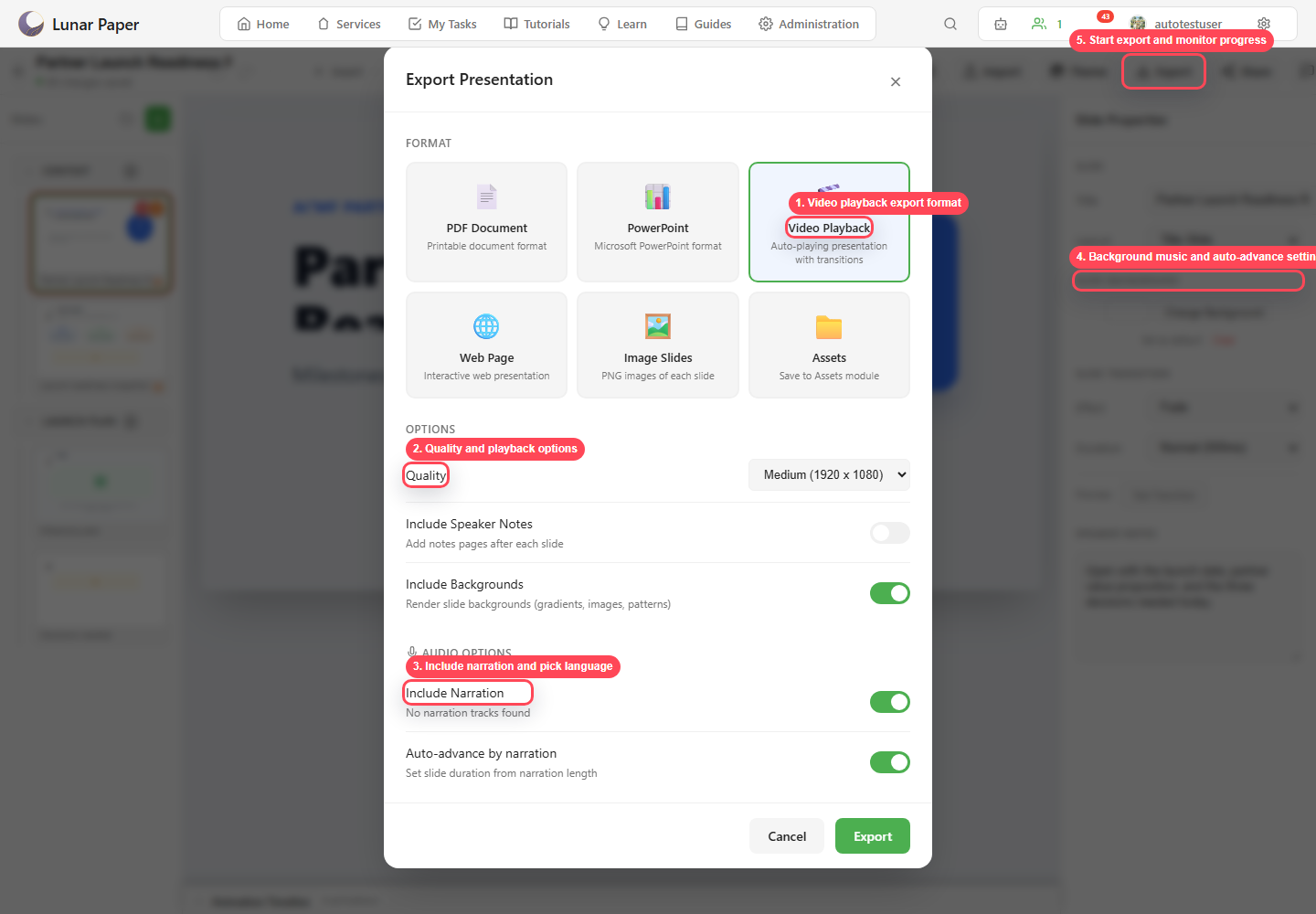 Video export options showing narration and auto-advance controls