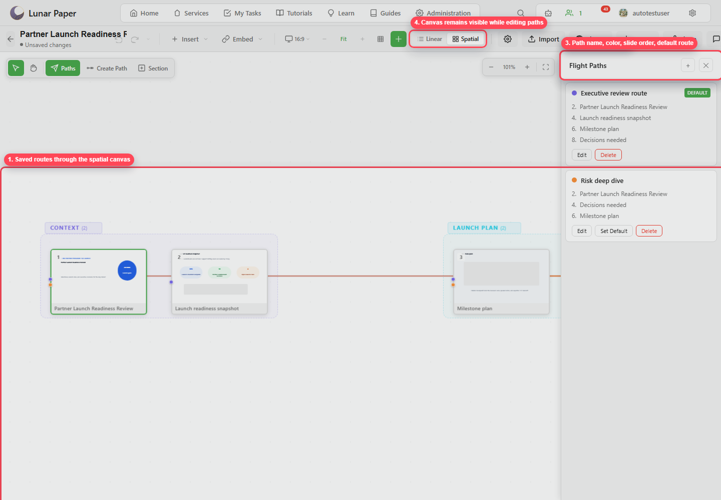 Flight path editor showing route list, default route, and edit controls