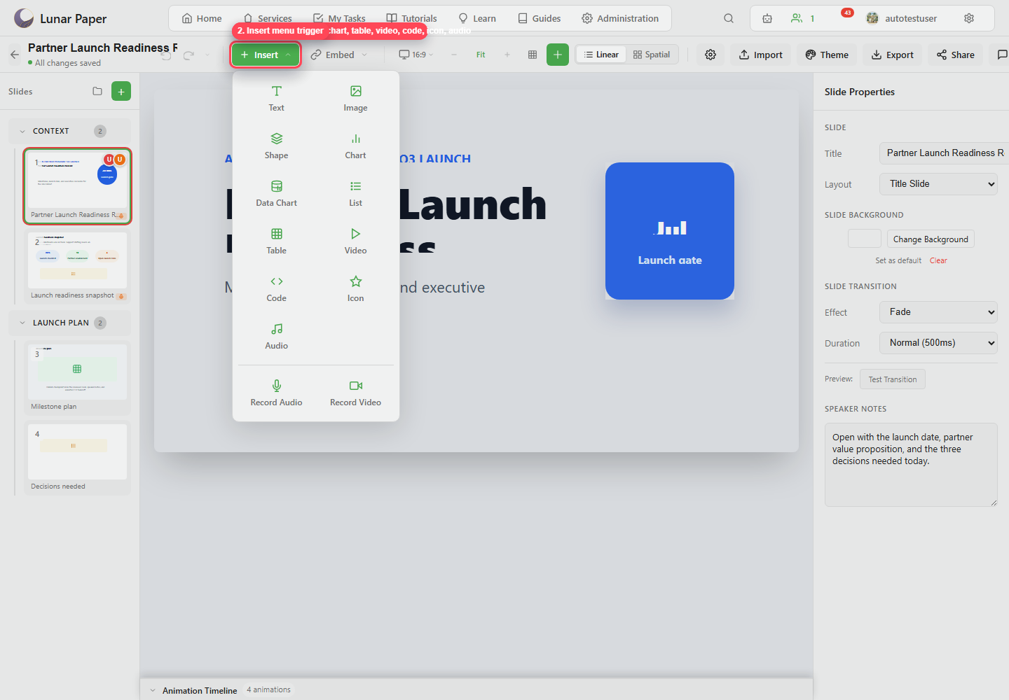 Insert menu with native element choices highlighted