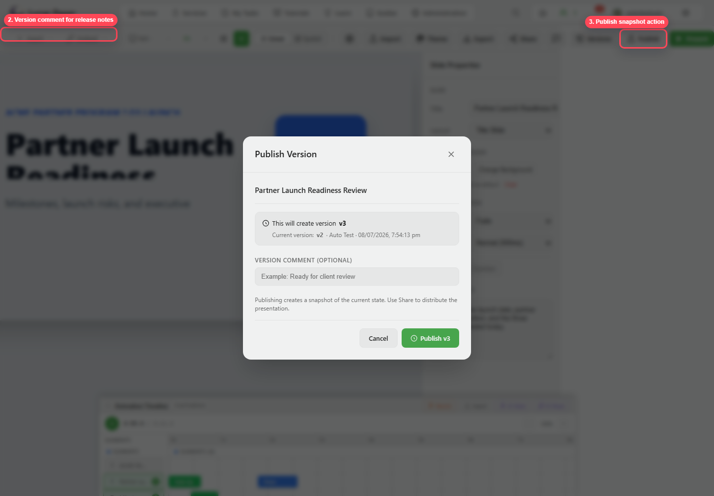 Publish version dialog with version comment and publish action highlighted