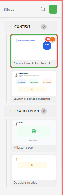 Slide panel showing sections, slides, and slide actions