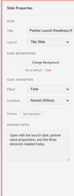 Slide properties panel with layout, transition, and speaker notes