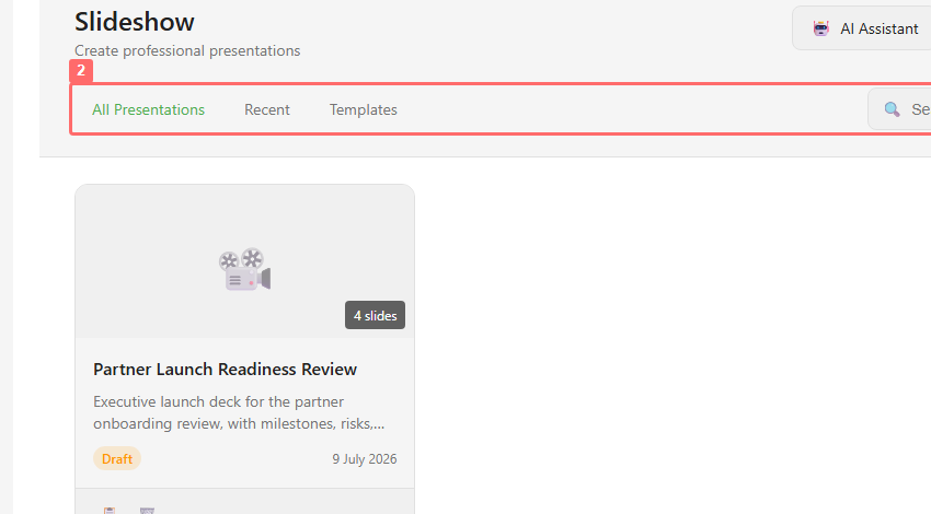 The Slideshow module dashboard with the Create Presentation button and tabs highlighted