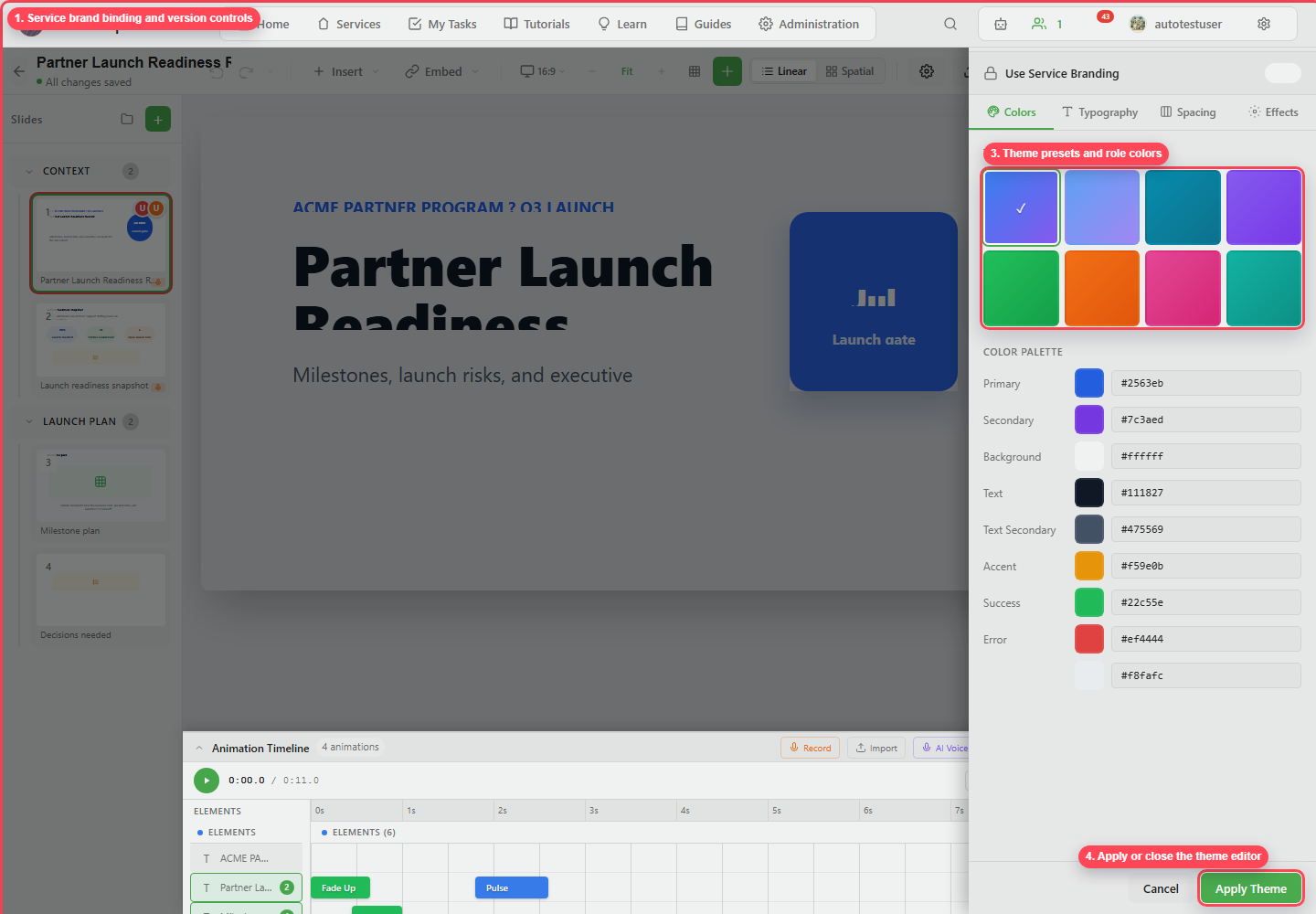 Theme editor with service branding, color presets, role colors, tabs, and Apply Theme highlighted