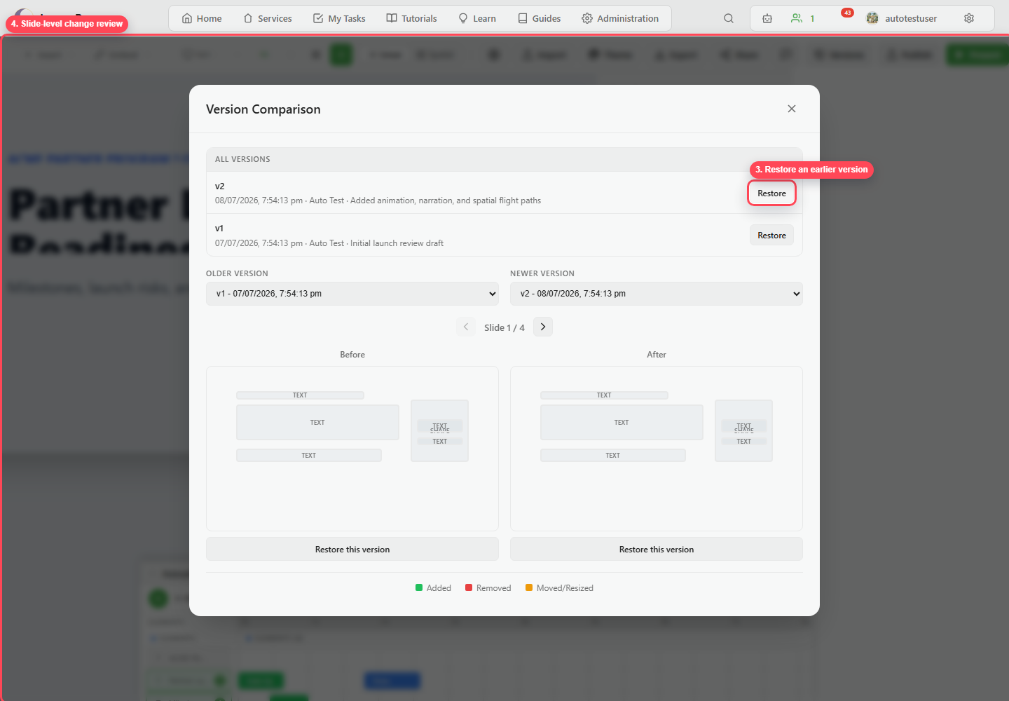 Version comparison dialog with version list, selectors, restore controls, and comparison preview