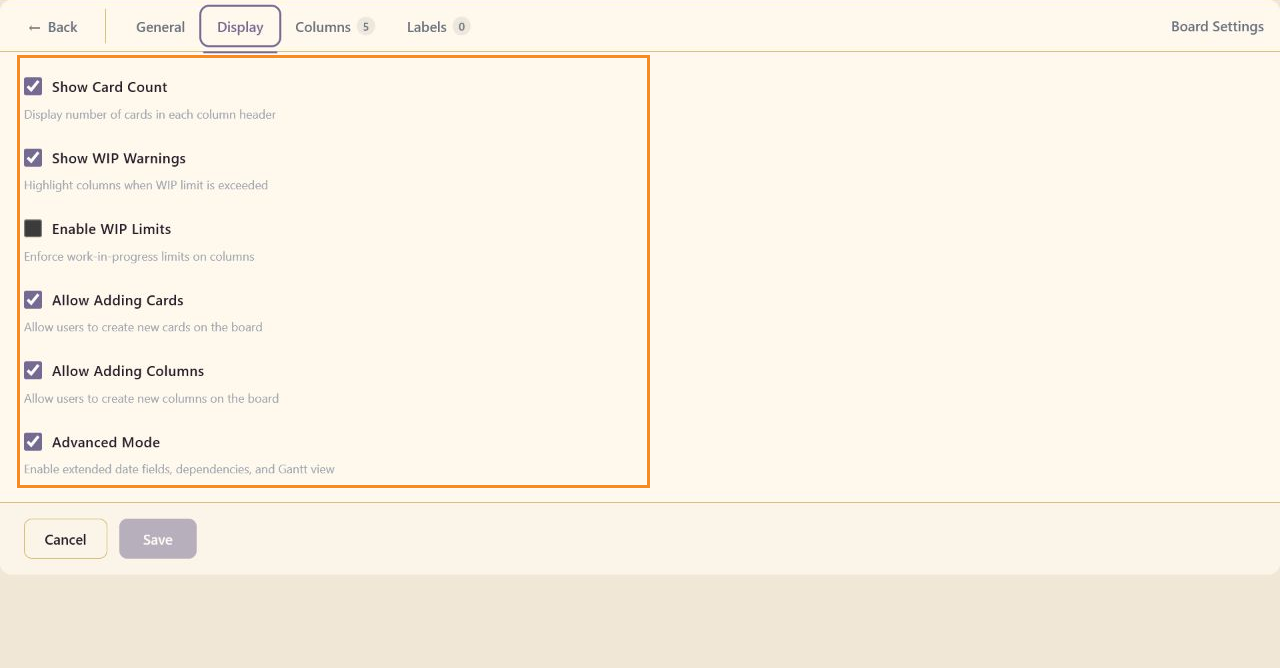 Annotated Display settings highlighting card counts, WIP controls, and creation permissions