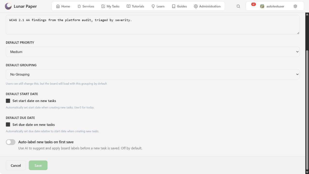 Board settings with Auto-label new tasks on first save switched off by default