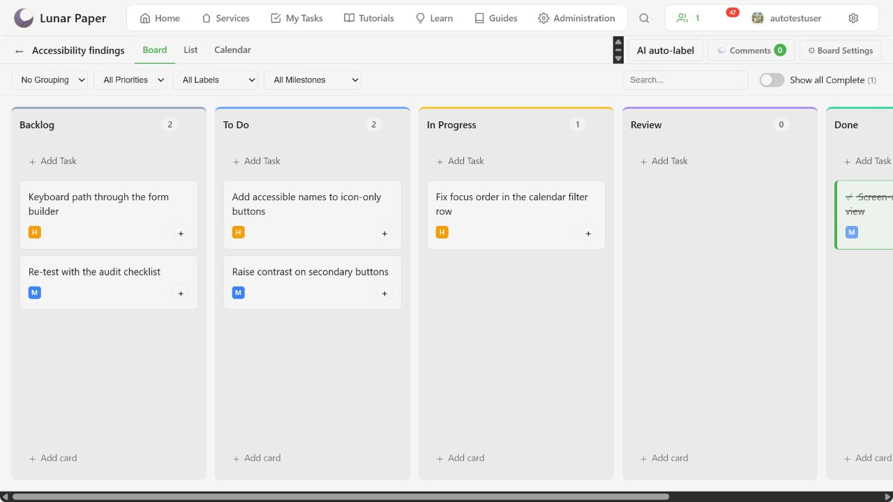Accessibility findings board with the AI auto-label action in the toolbar