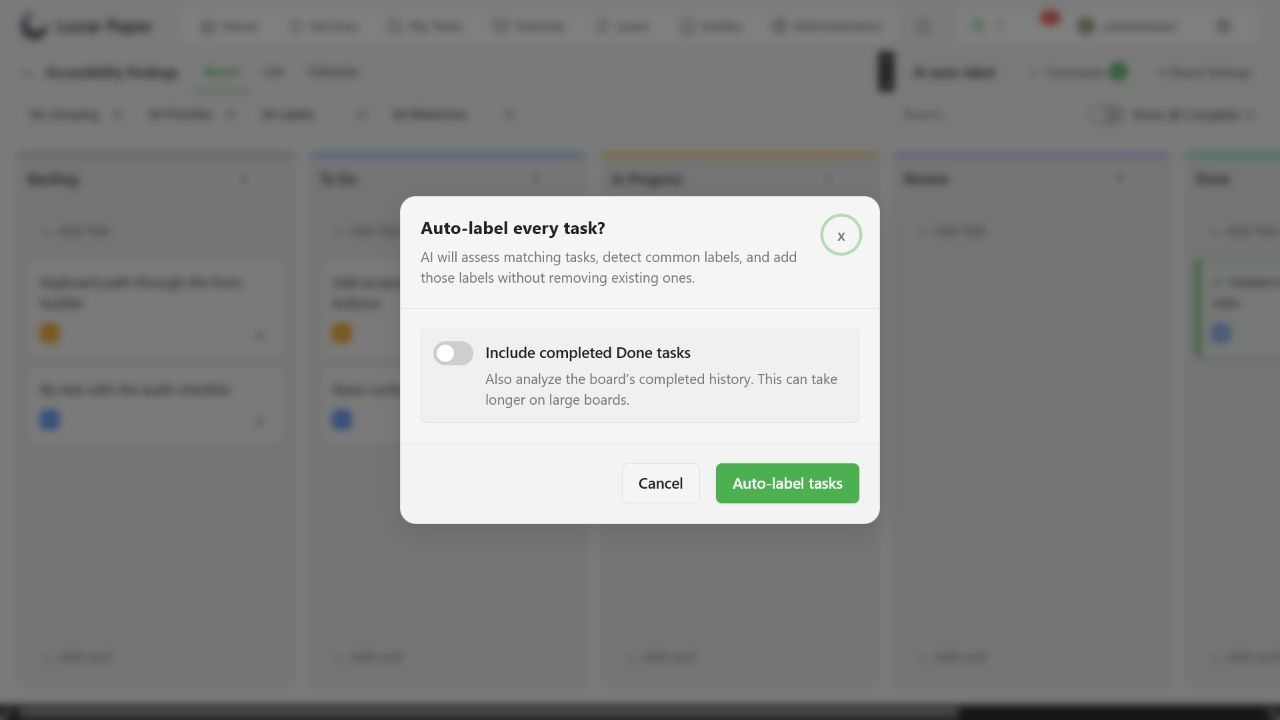 Bulk auto-label confirmation with Include completed Done tasks switched off