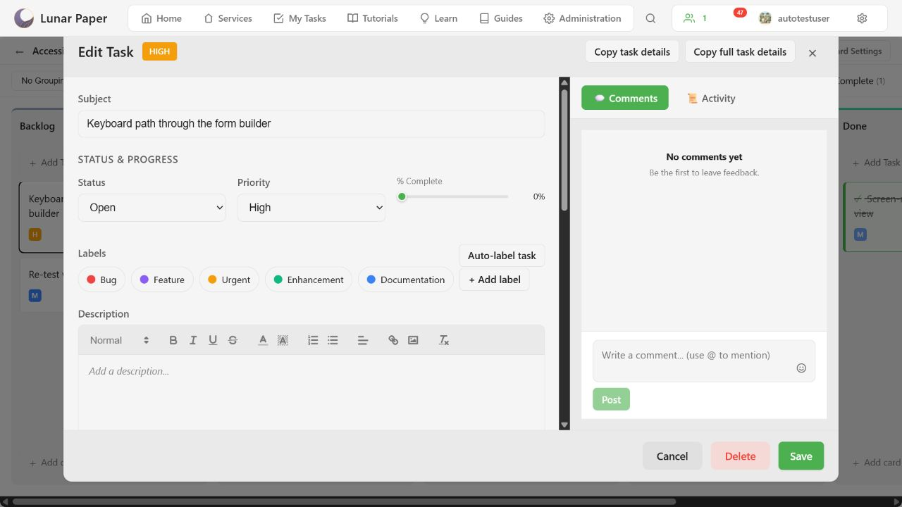Task editor with the Auto-label task action beside the label choices